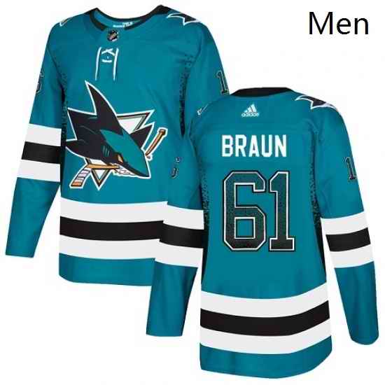 Mens Adidas San Jose Sharks 61 Justin Braun Authentic Teal Drift Fashion NHL Jersey
